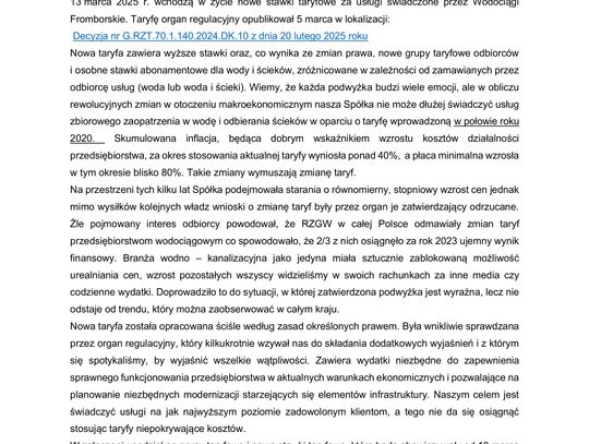 Zmiana taryf za zbiorowe zaopatrzenie w wodę i odbiór ścieków.