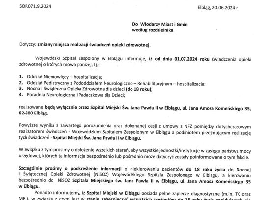 Zmiany miejsca realizacji świadczeń opieki zdrowotnej.
