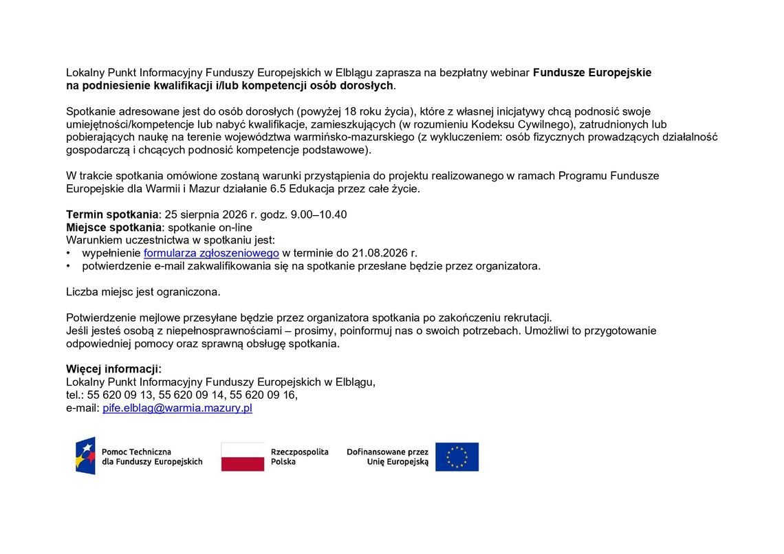 Bezpłatny webinar pt. Fundusze Europejskie na podniesienie kwalifikacji i/lub kompetencji osób dorosłych. ogłoszenie bezpłatyny webinar