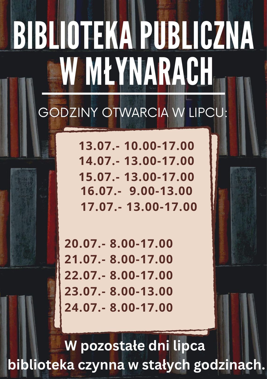 Godziny otwarcia biblioteki w lipcu.