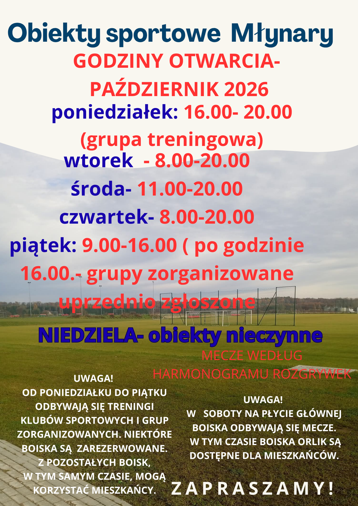 Godziny otwarcia obiektów sportowych w październiku.