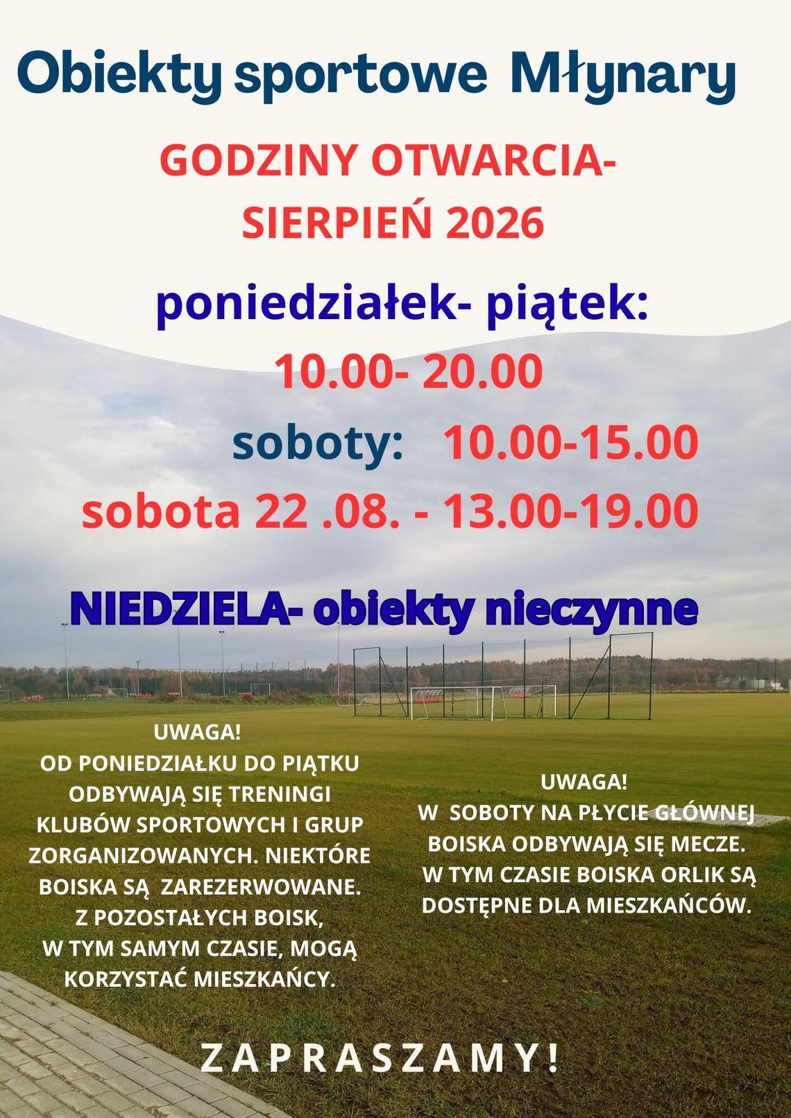 Godziny otwarcia obiektów sportowych w sierpniu