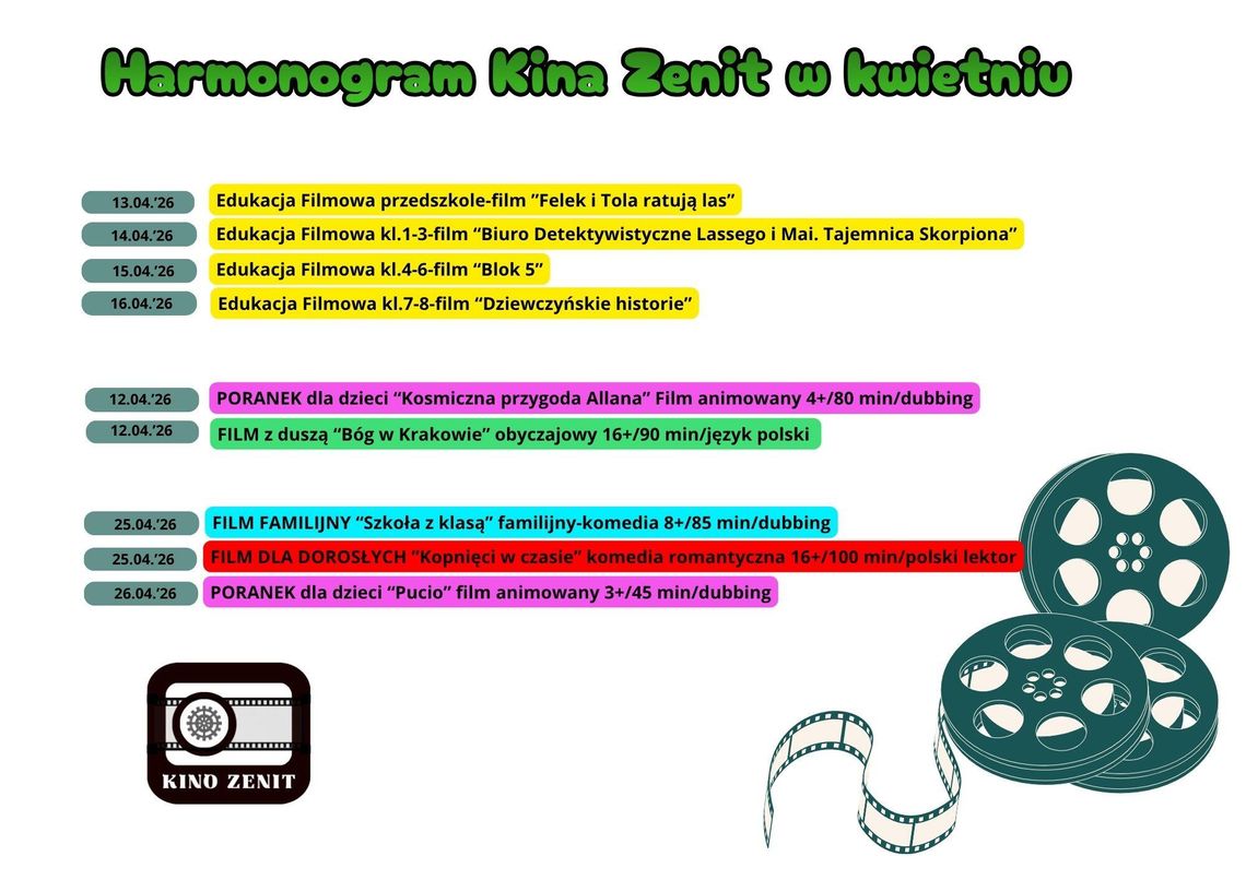 Harmonogram Kina Zenit w kwietniu !!!