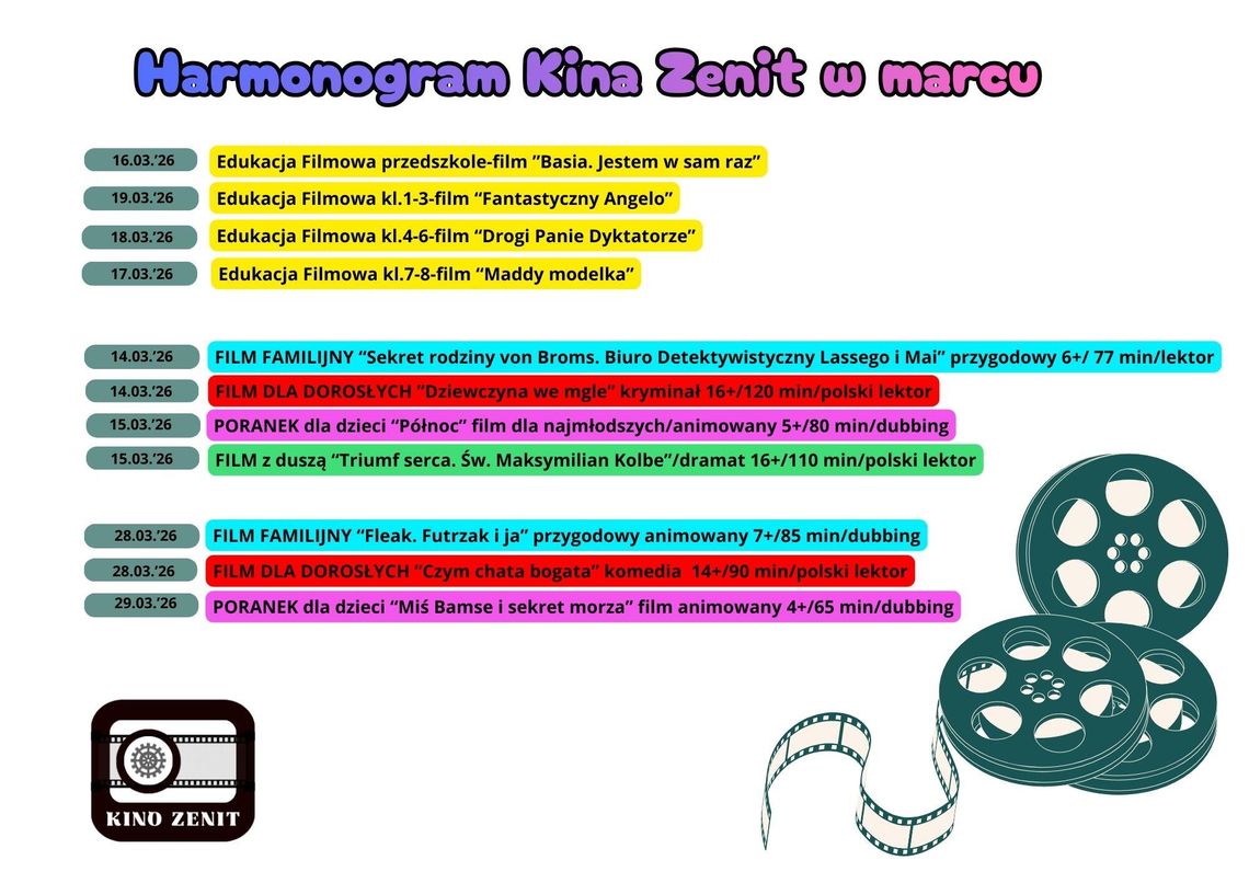 Harmonogram Kina Zenit w marcu !!!