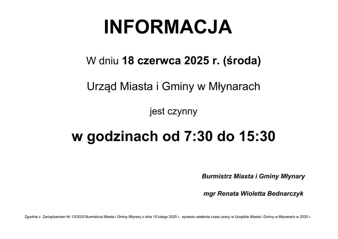 Informacja dotycząca godzin pracy urzędu.