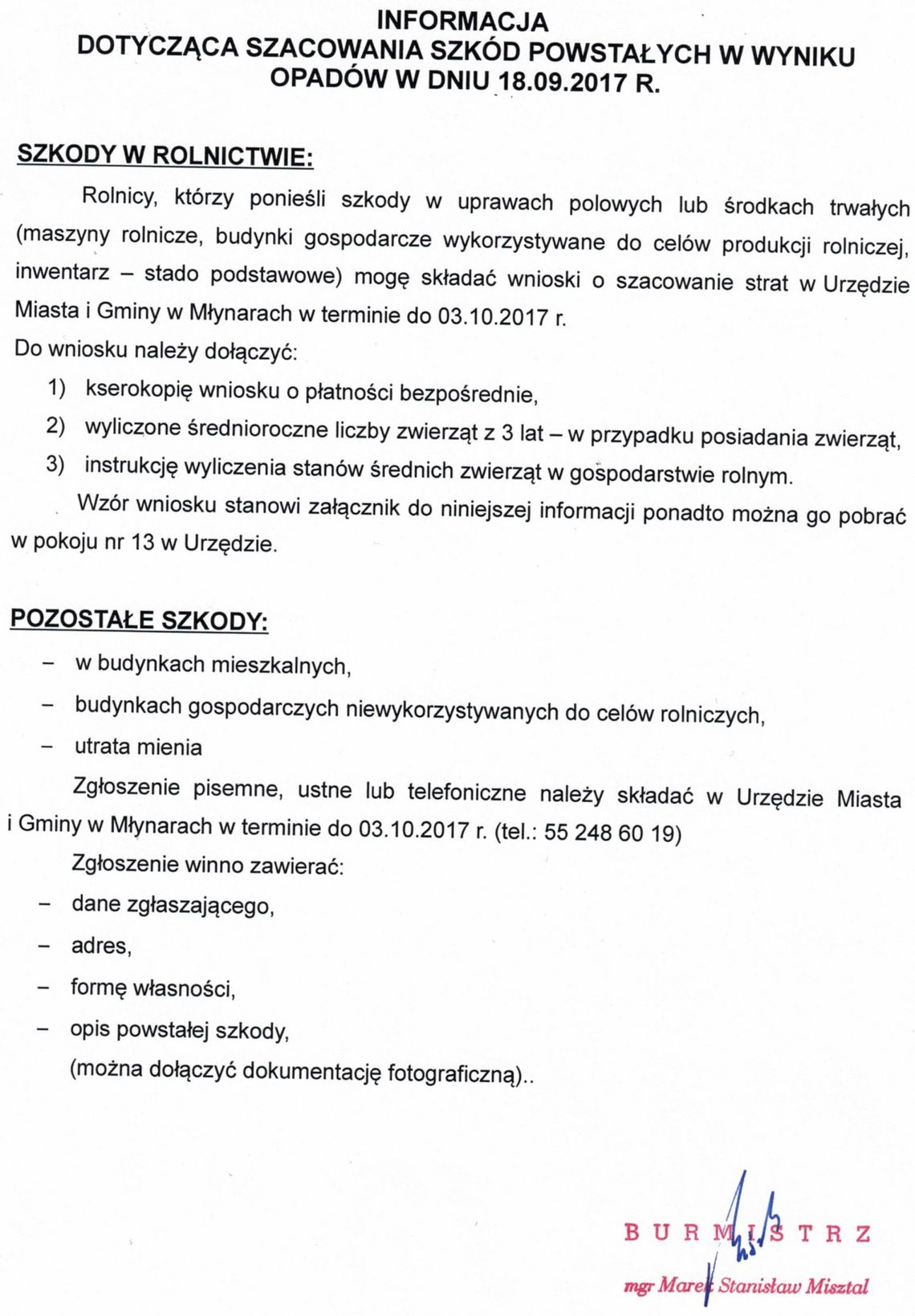 Informacja dotycząca szacowania szkód wyniku opadów w dniu 18.09.2017 r.