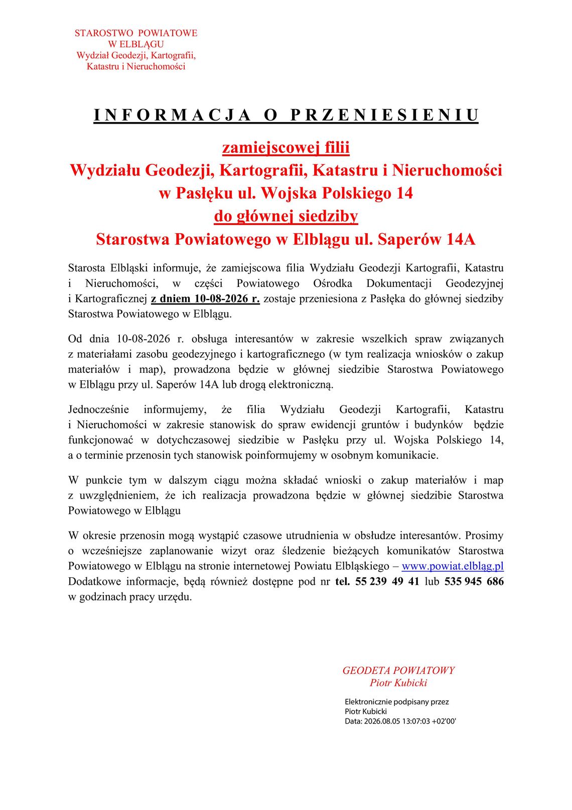 Informacja o przeniesieniu  zamiejscowej filii Wydziału Geodezji, Kartografii, Katastru i Nieruchomości.