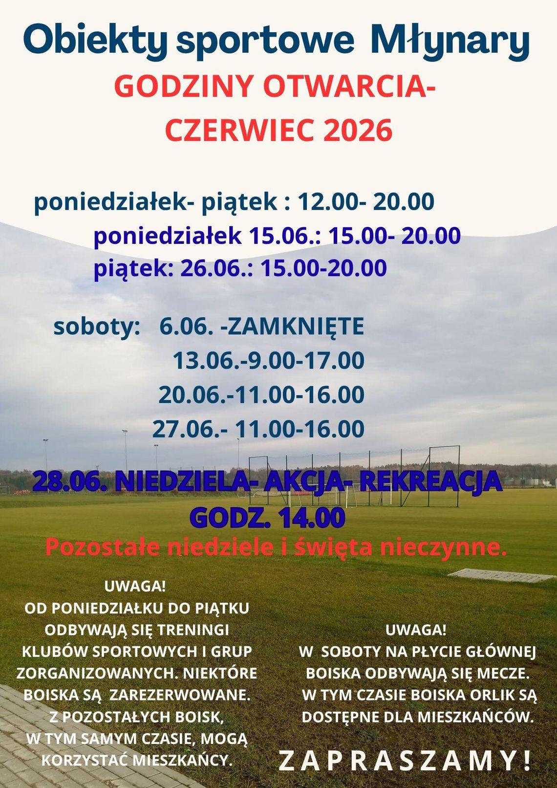 OBIEKTY SPORTOWE-GODZINY OTWARCIA CZERWIEC 2026