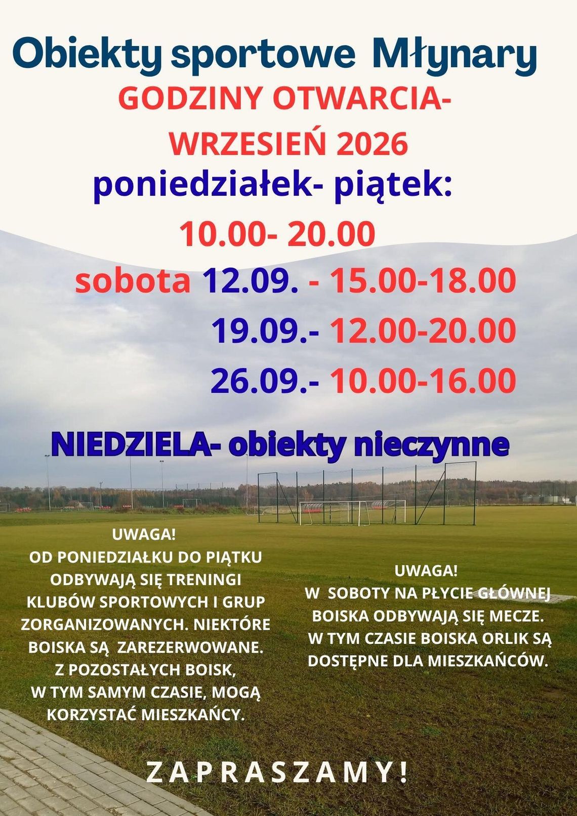 OBIEKTY SPORTOWE- GODZINY OTWARCIA WE WRZEŚNIU