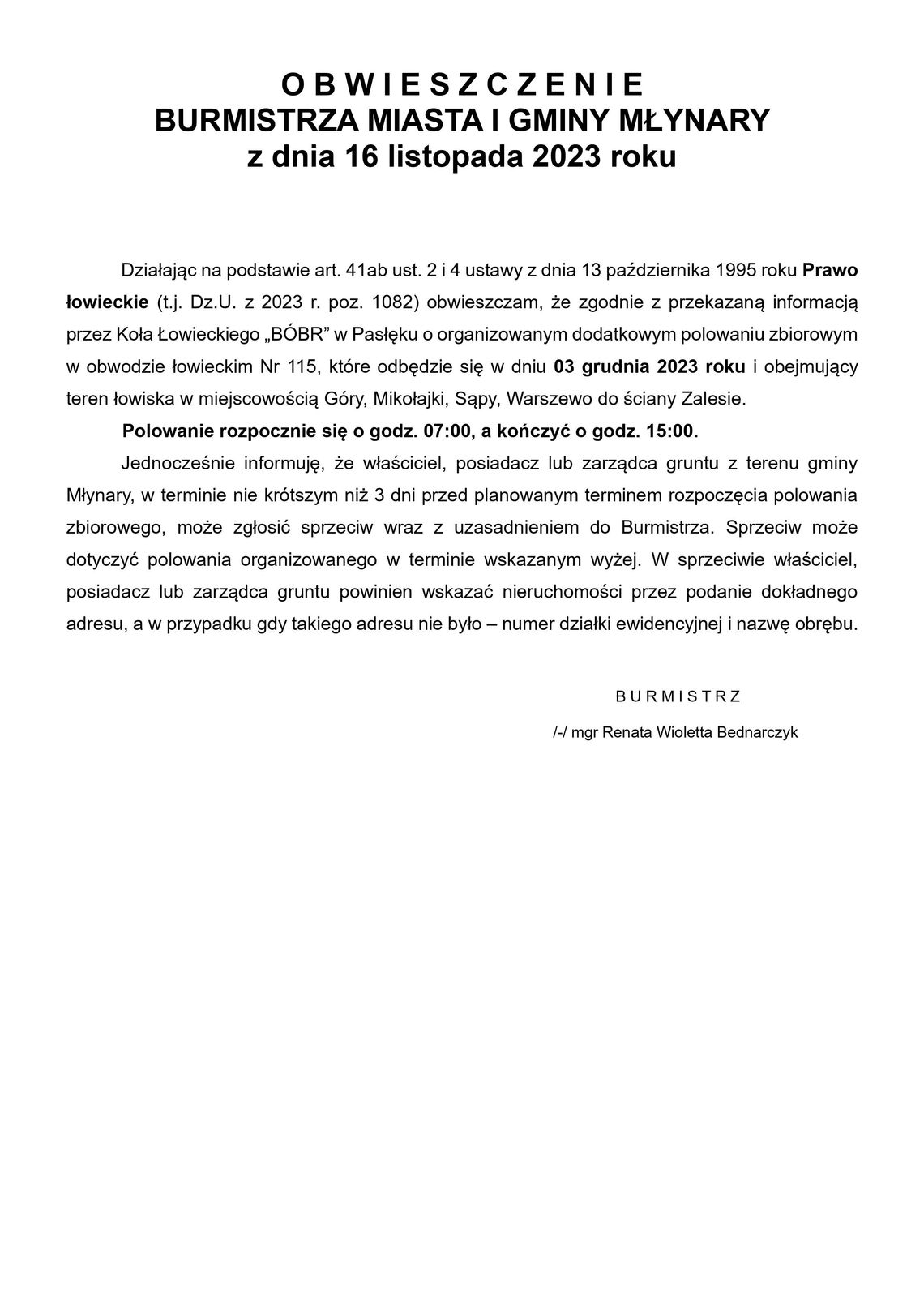Obwieszczenie Burnistrza Miasta i Gminy Młynary.