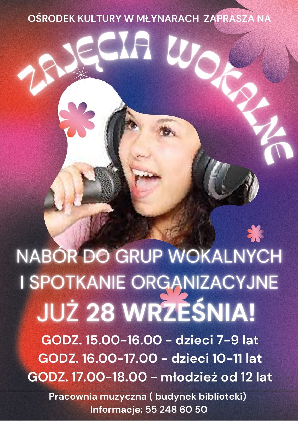 Ośrodek Kultury w Młynarach zaprasza na zajęcia wokalne Ośrodek Kultury w Młynarach zaprasza na zajęcia wokalne