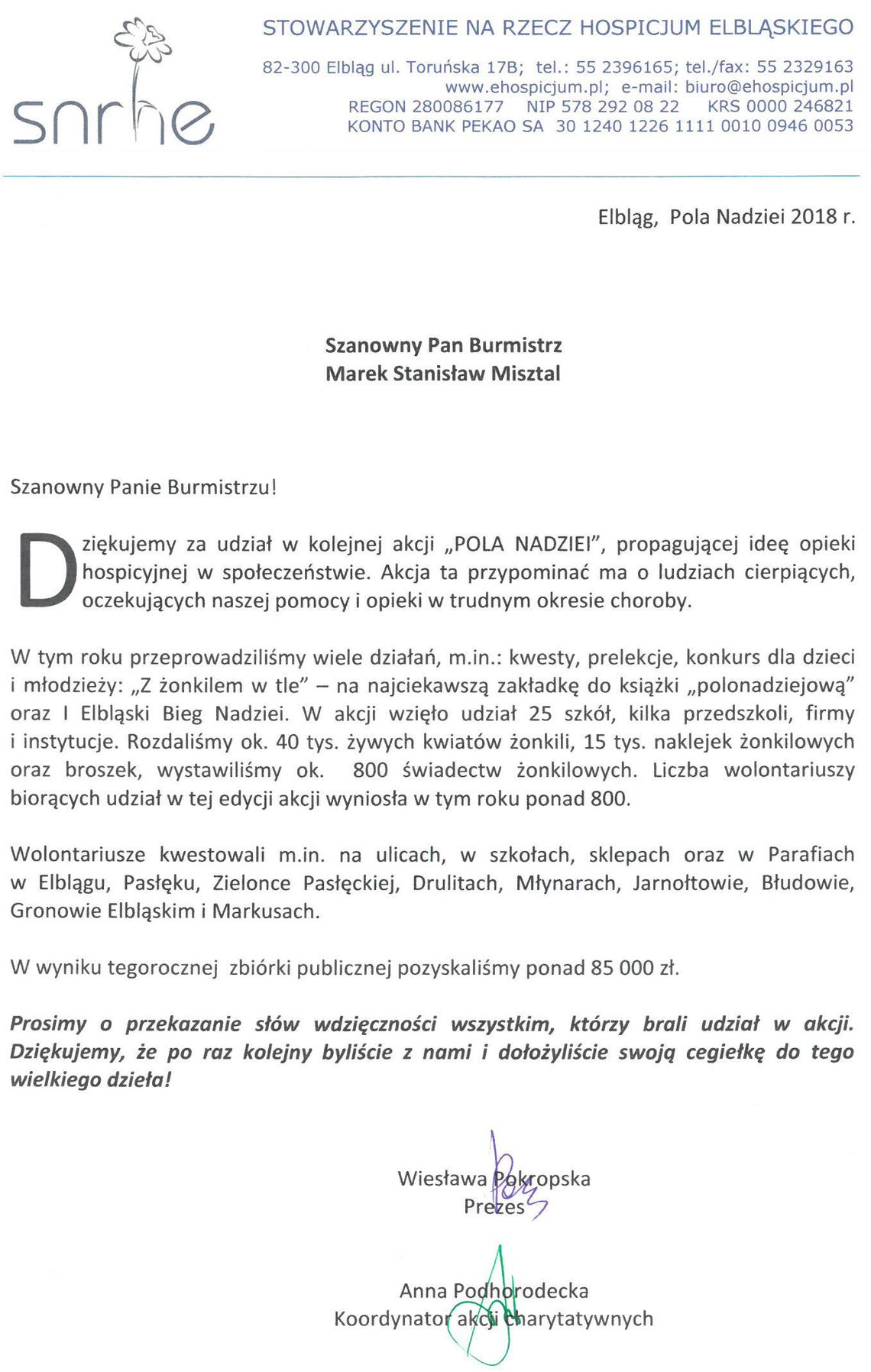 Podziękowanie Stowarzyszenia na Rzecz Hospicjum Elbląskiego za udział w akcji "POLA NADZIEI"