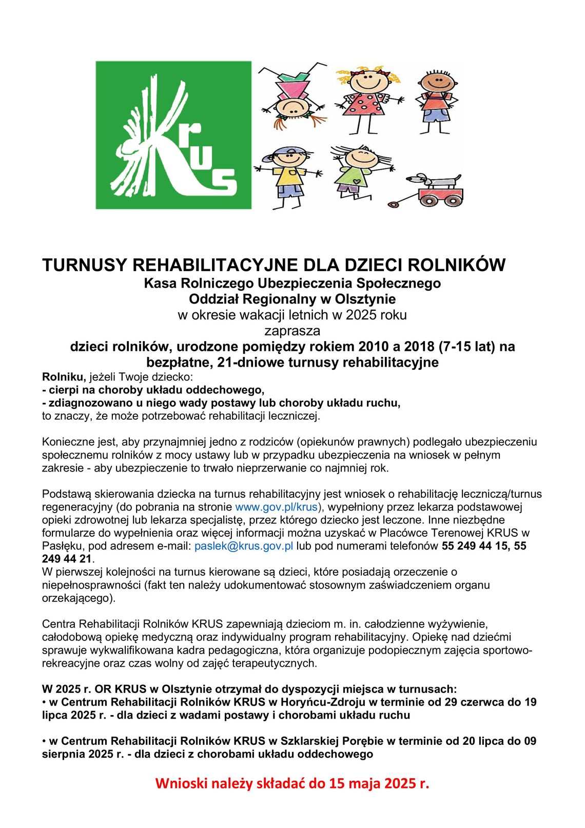 Turnusy rehabilitacyjne dla dzieci rolników.