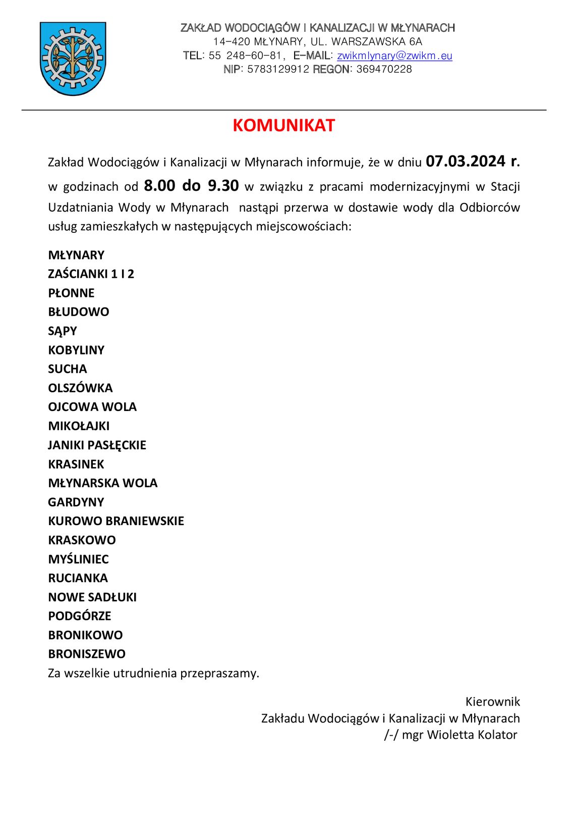 Uwaga - przerwa w dostawie wody!