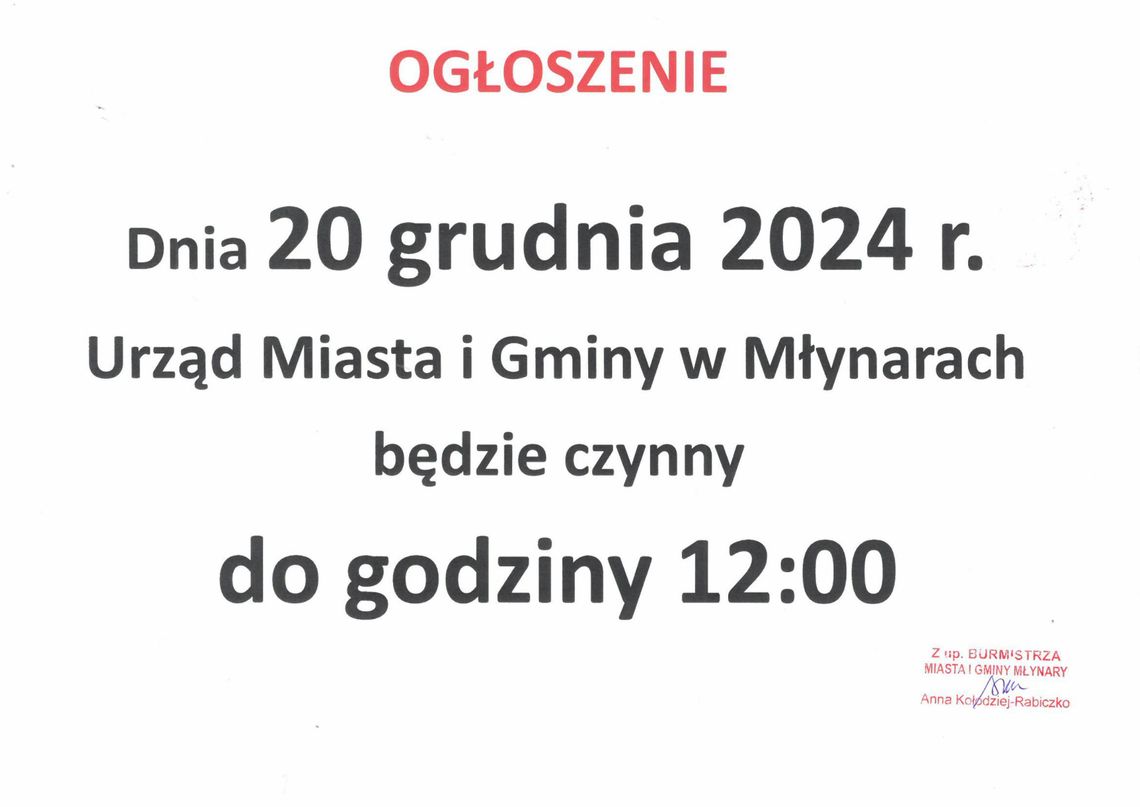 Uwaga! W dniu 20 grudnia Urząd czynny do godziny 12.