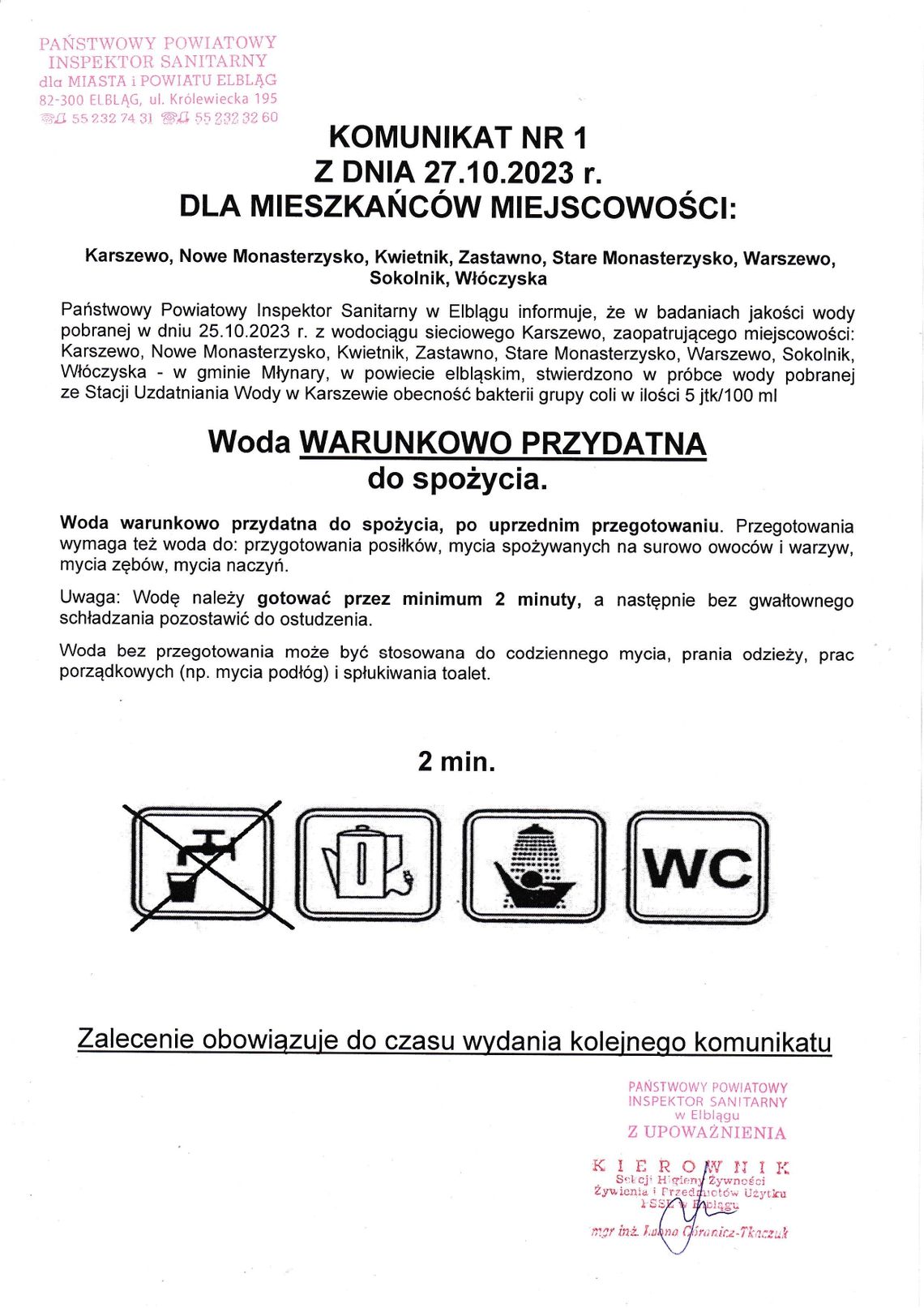 Ważny komunikat!!! Woda warunkowo zdatna do picia w wodociągu Karszewo.
