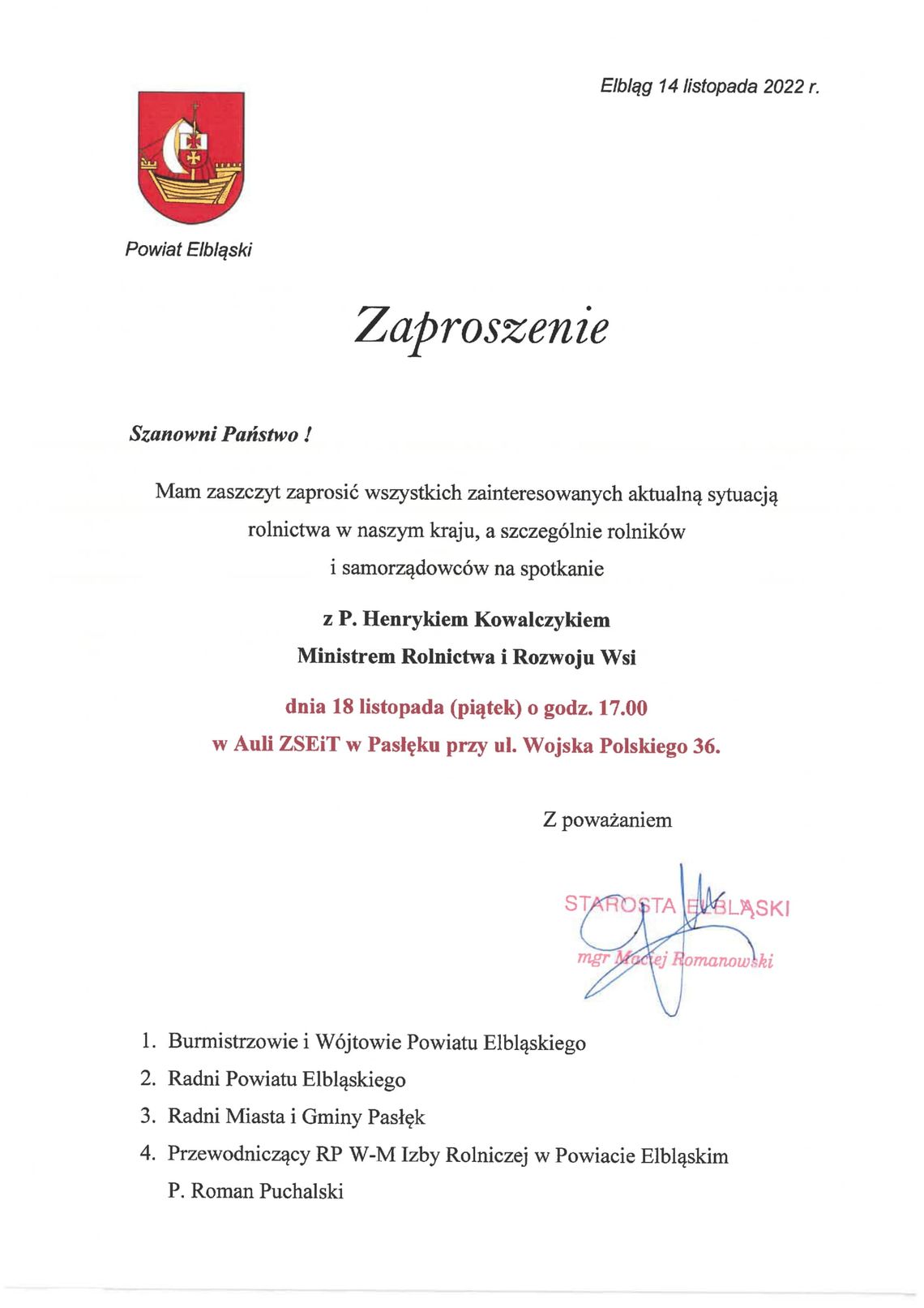 Zapraszamy na spotkanie z Ministrem Rolnictwa i Rozwoju Wsi.