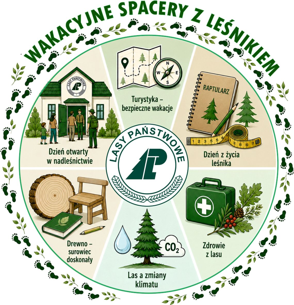 Zaproszenie Lasów Państwowych na "Wakacyjne spacery z leśnikiem" logo wakacyjnego spaceru z leśnikiem