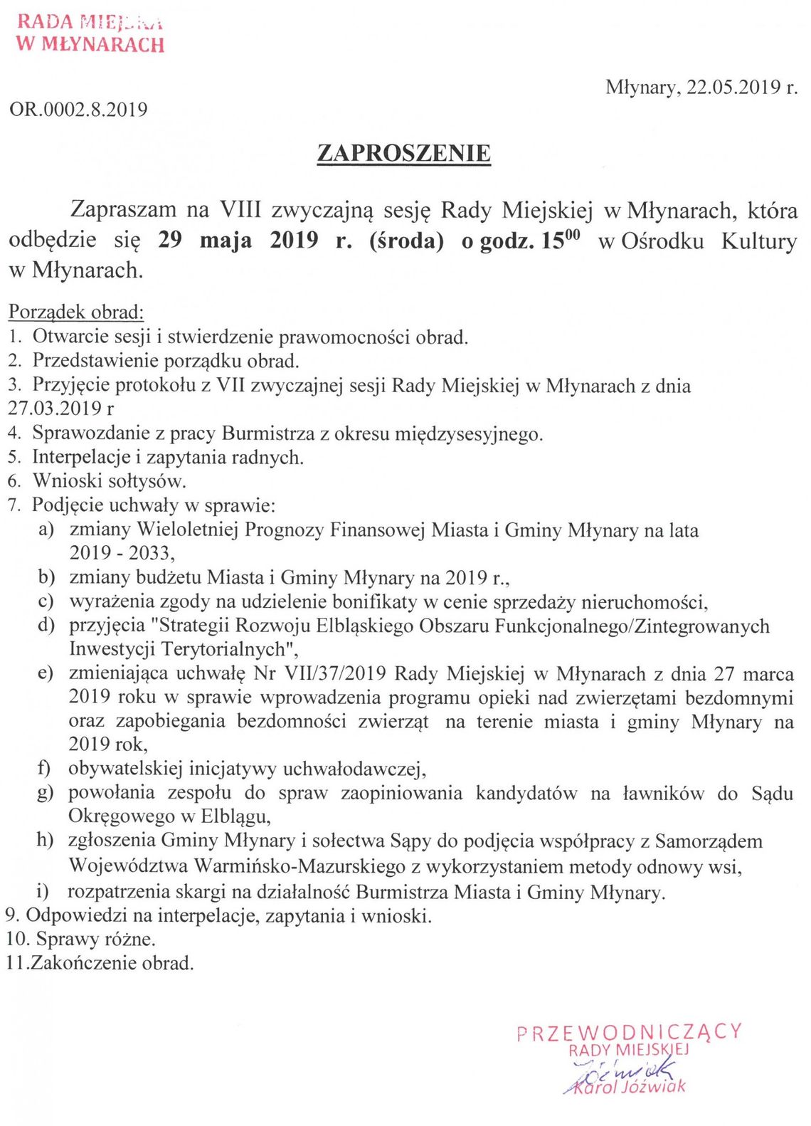 Zaproszenie na VIII Zwyczajną Sesję Rady Miejskiej w Młynarach