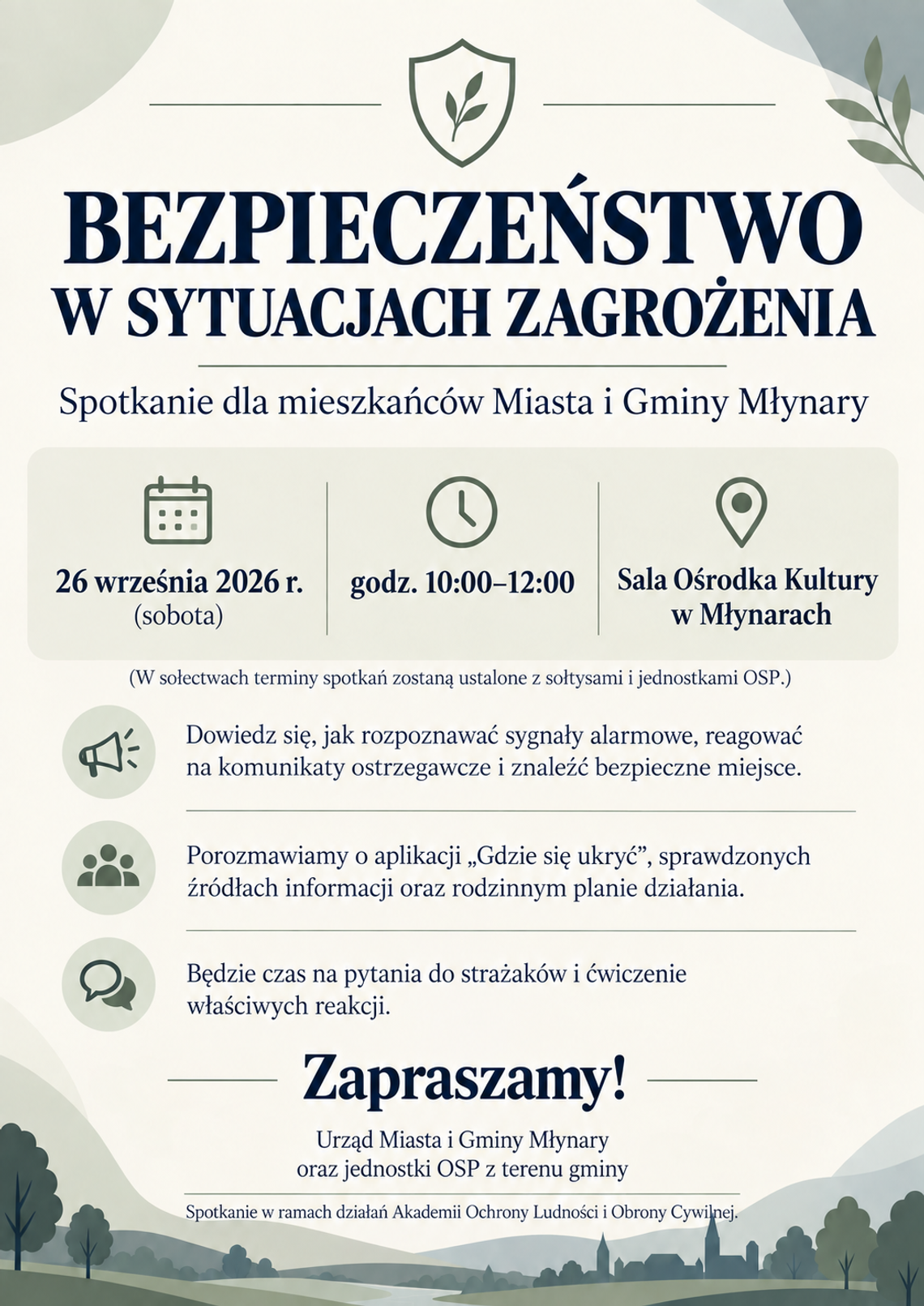Zaprosznie dla mieszkańców miasta i gminy Młynary na spotkania poświęcone zasadom bezpieczeństwa i prawidłowego zachowania w sytuacjach kryzysowych
