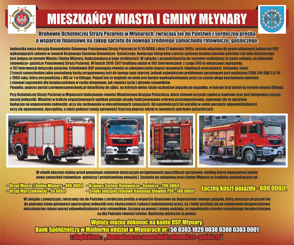 Zbiórka na doposażenie do nowego średniego samochodu ratowniczo-gasniczego dla OSP Młynary