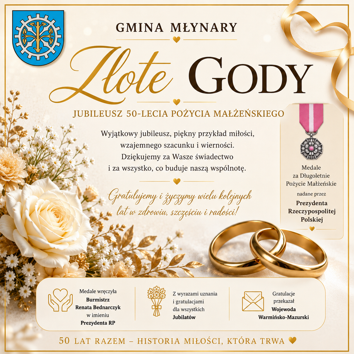 Burmistrz wręcza medale Jubilatom Złotych Godów