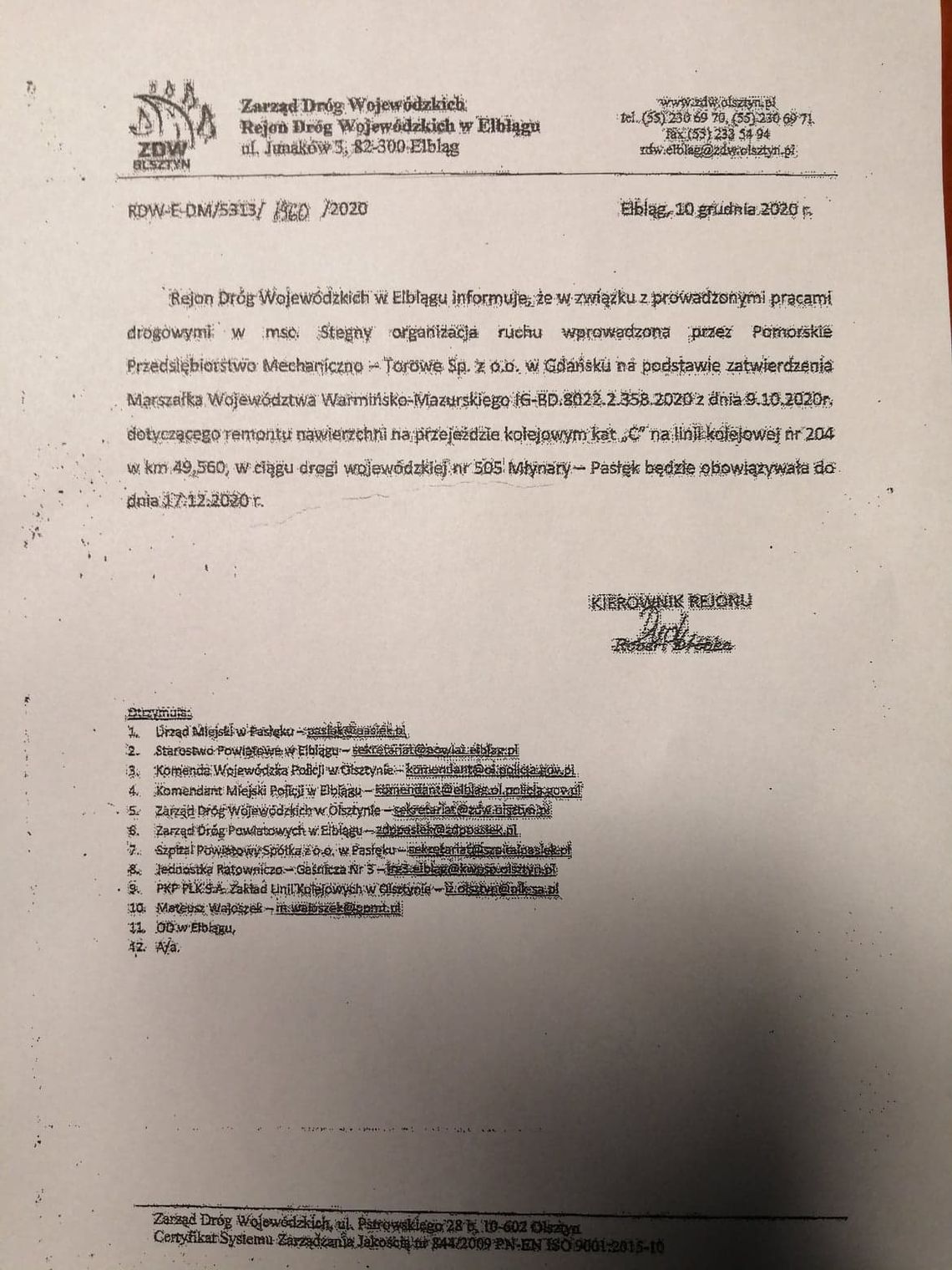 Zmiana organizacji ruchu na odcinku Młynary-Pasłęk Zmiana organizacji ruchu na odcinku Młynary-Pasłęk